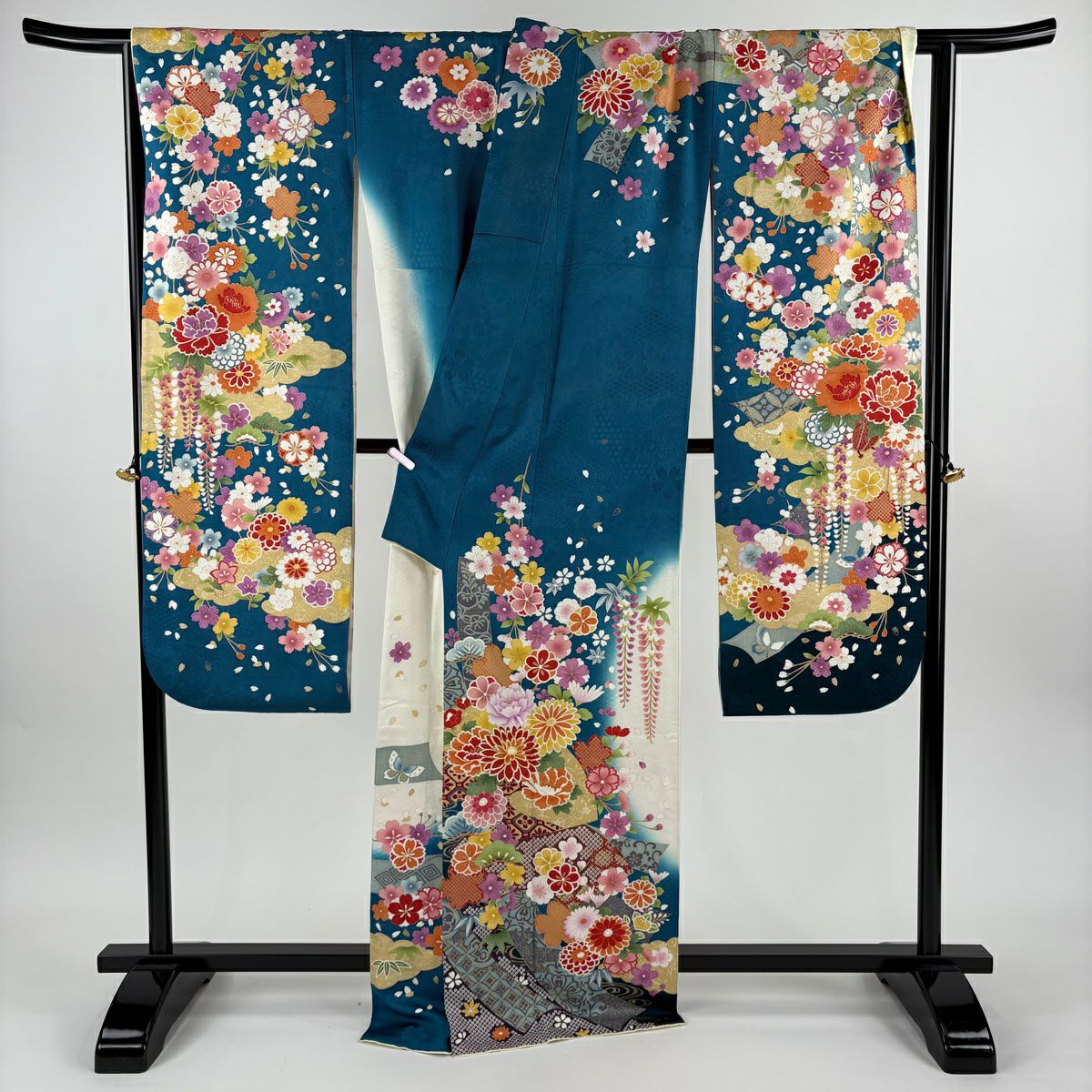 振袖禮服 身長169.5cm 袖長68cm L 雙層 菊花 草花紋紋 銀通 金絲 青綠 純蠶絲 逸品級