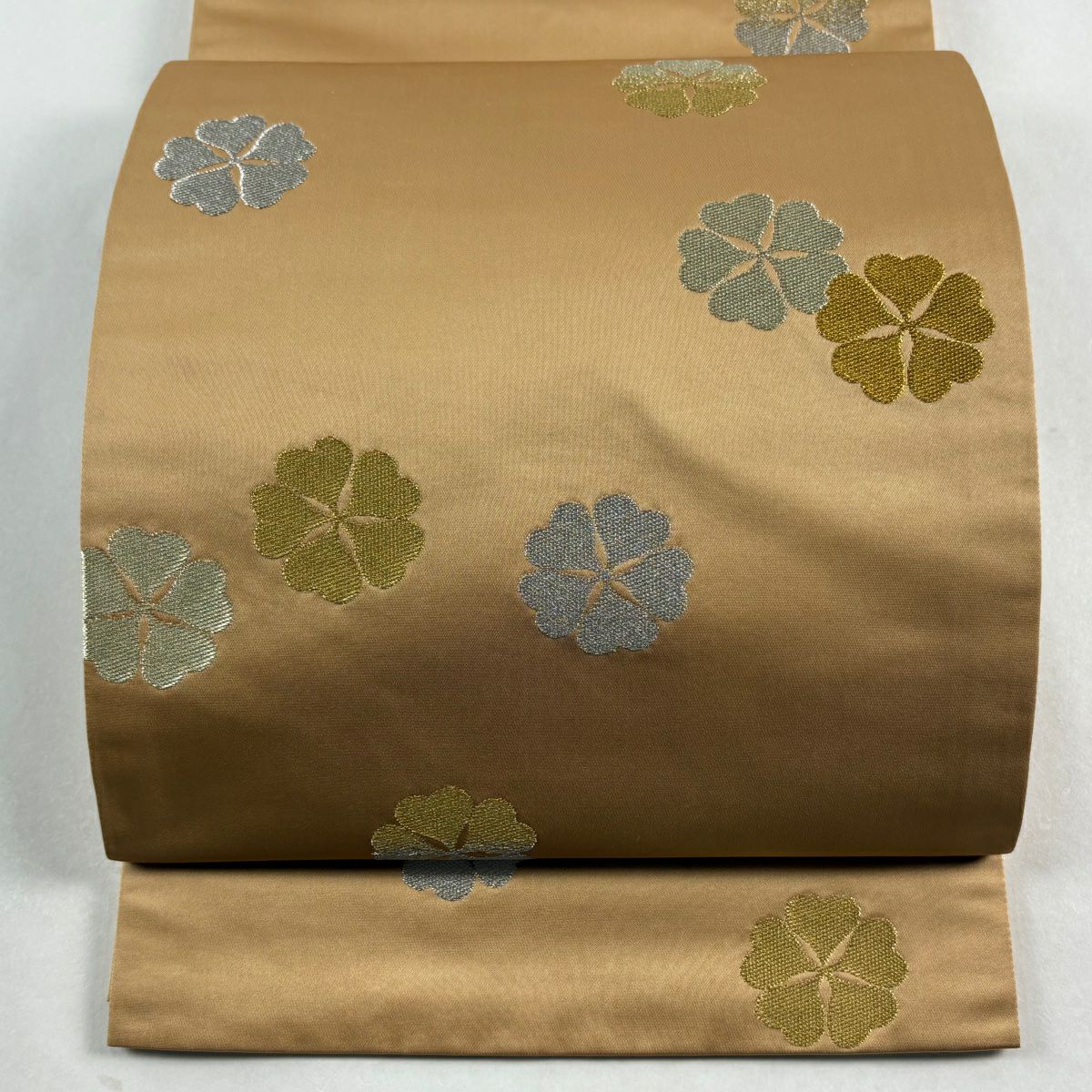 【美品】 袋帶 逸品級 龍村晋 落款あり 花 金銀糸 薄茶 全通 純蠶絲
