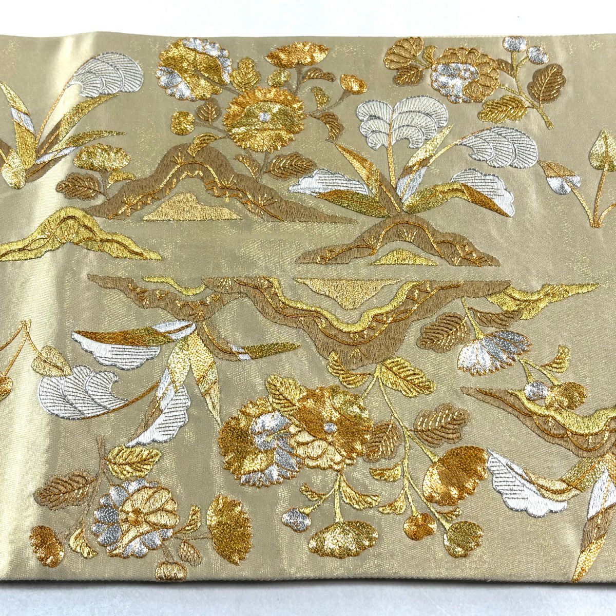 袋帶 逸品級 菊花花 金銀彩 刺繡 米色 大鼓圖案 純蠶絲