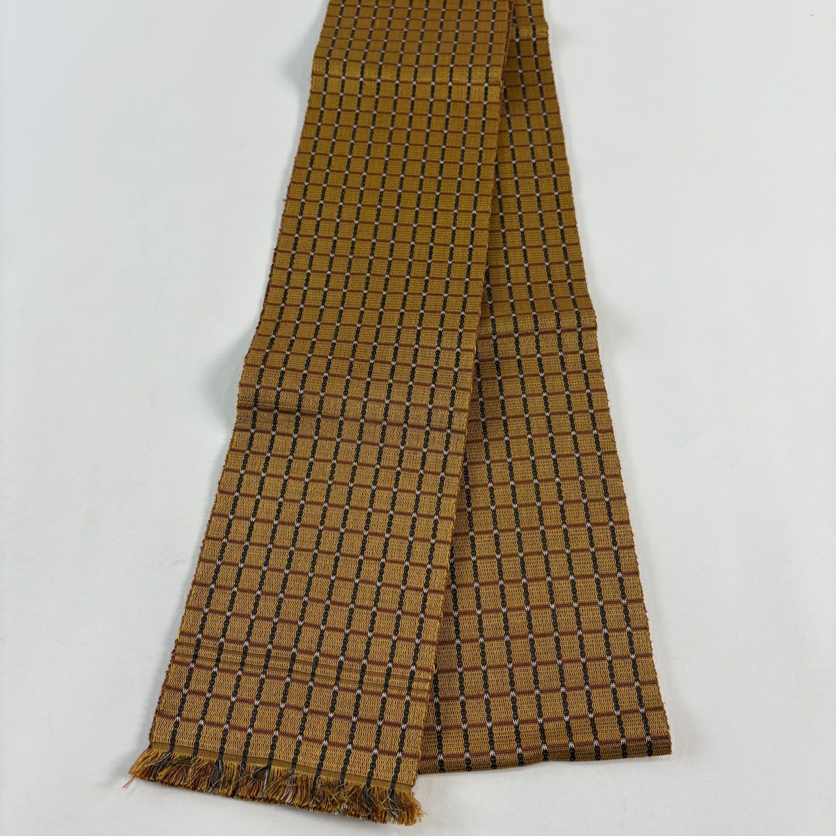 【美品】半幅帶 名品級 條紋 幾何圖案 黃土 純蠶絲