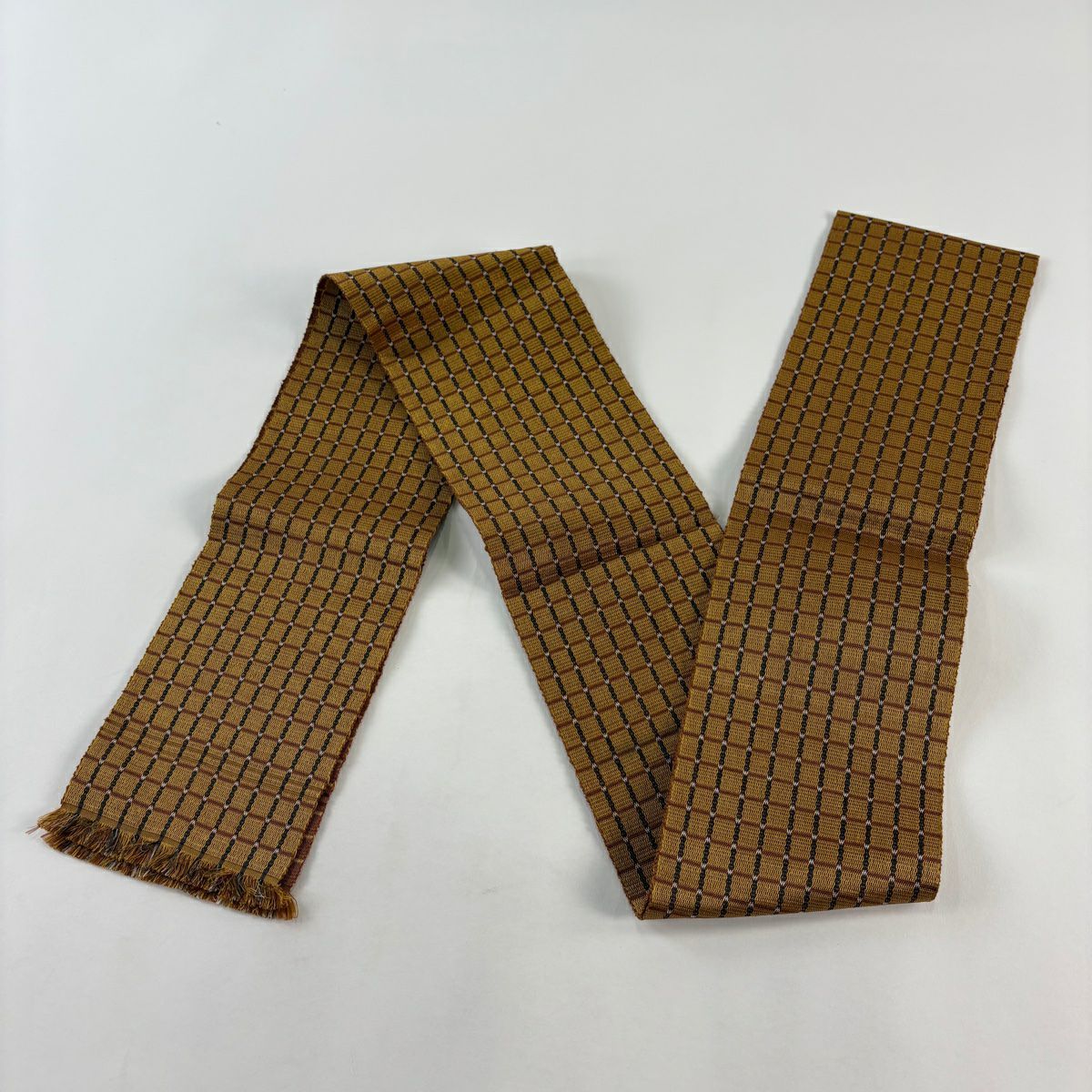 【美品】半幅帶 名品級 條紋 幾何圖案 黃土 純蠶絲