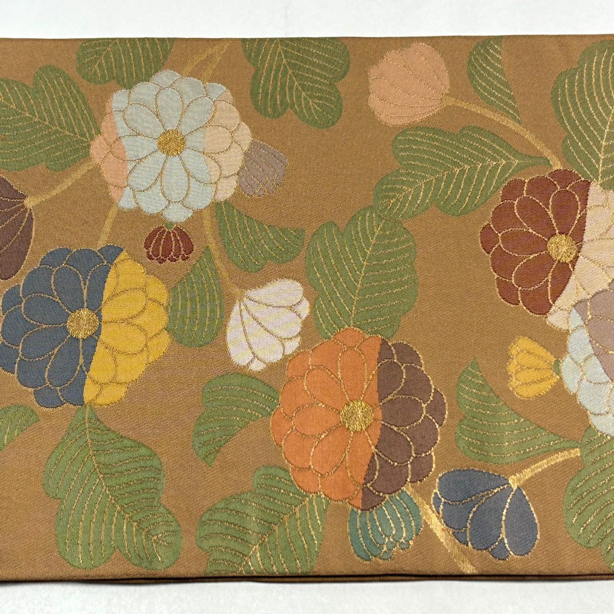 【美品】 袋帶 秀品級 關西仕立 雛菊花 金金箔 黃土 純蠶絲