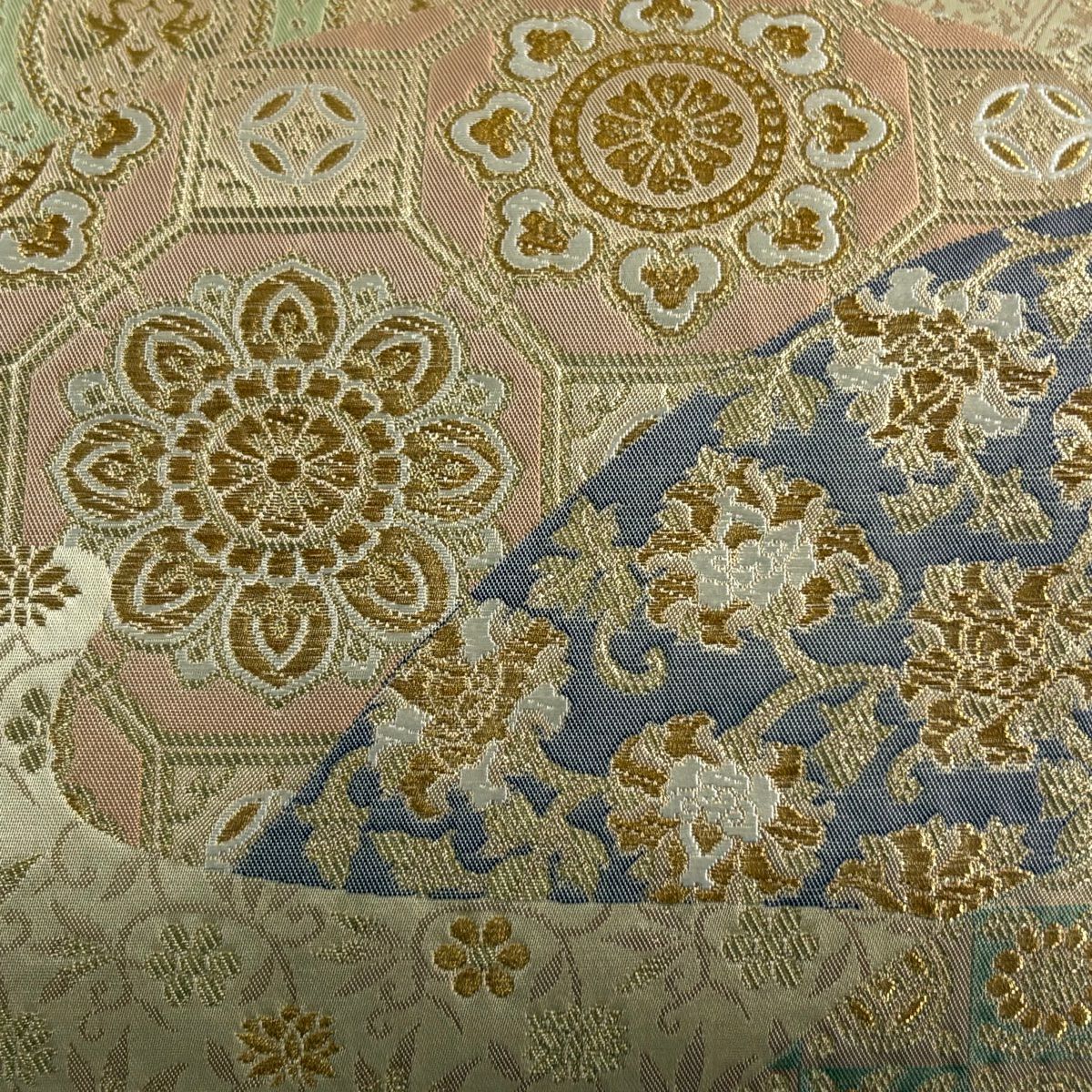 【美品】 袋帶 秀品級 名物裂正倉院文 華紋 花唐草紋 金絲 金金箔 米色 六通 純蠶絲