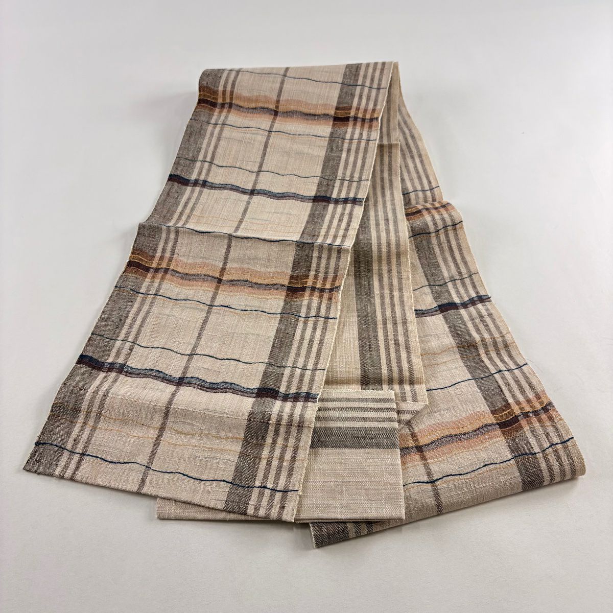 【美品】 名古屋帶 優品級 八寸名古屋帶 松樹葉仕立 幾何學圖案 條紋 淺茶 純蠶絲