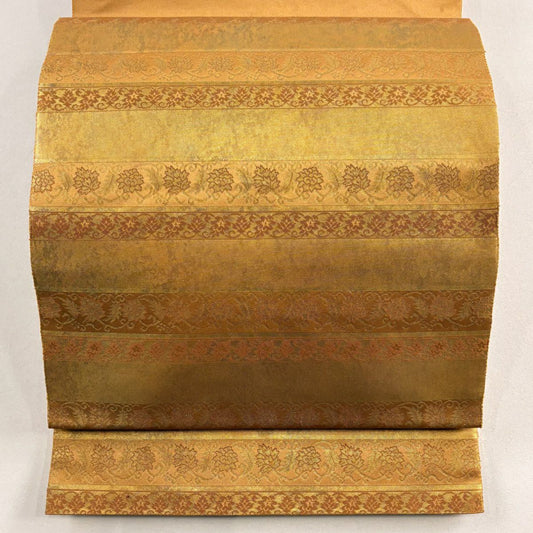 袋帶 秀品級 金金箔屋清兵衛 落款あり 名物裂間道 花唐草紋 縞 金金箔 山吹茶 純蠶絲