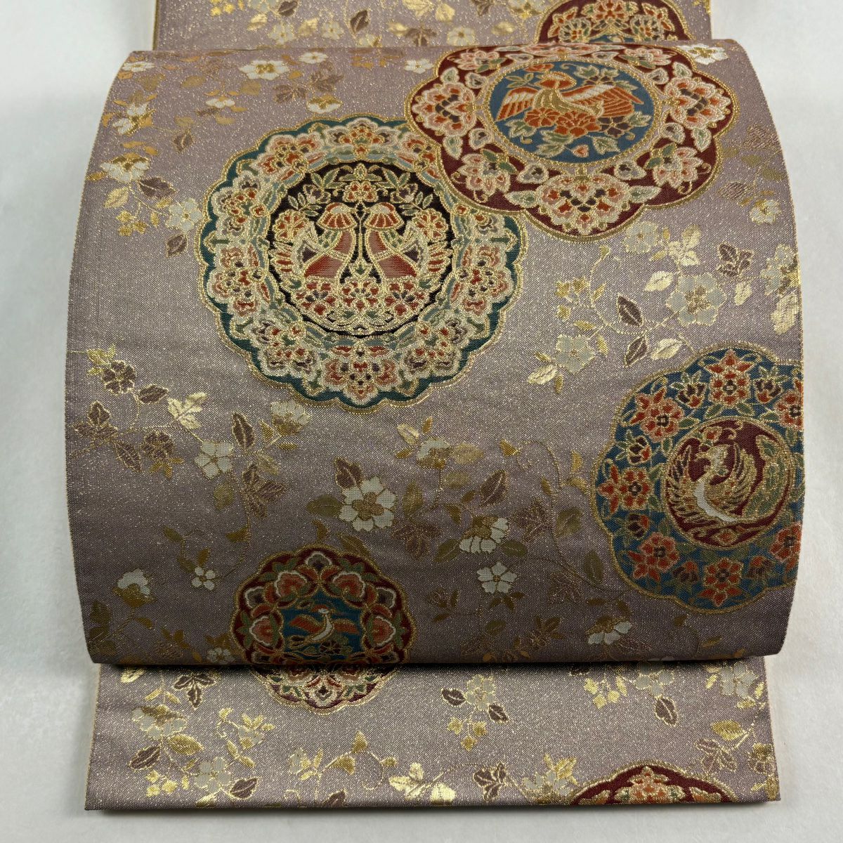 【美品】 袋帶 秀品級 落款あり 瑞金華紋 金糸 金金箔 灰紫 六通 純蠶絲