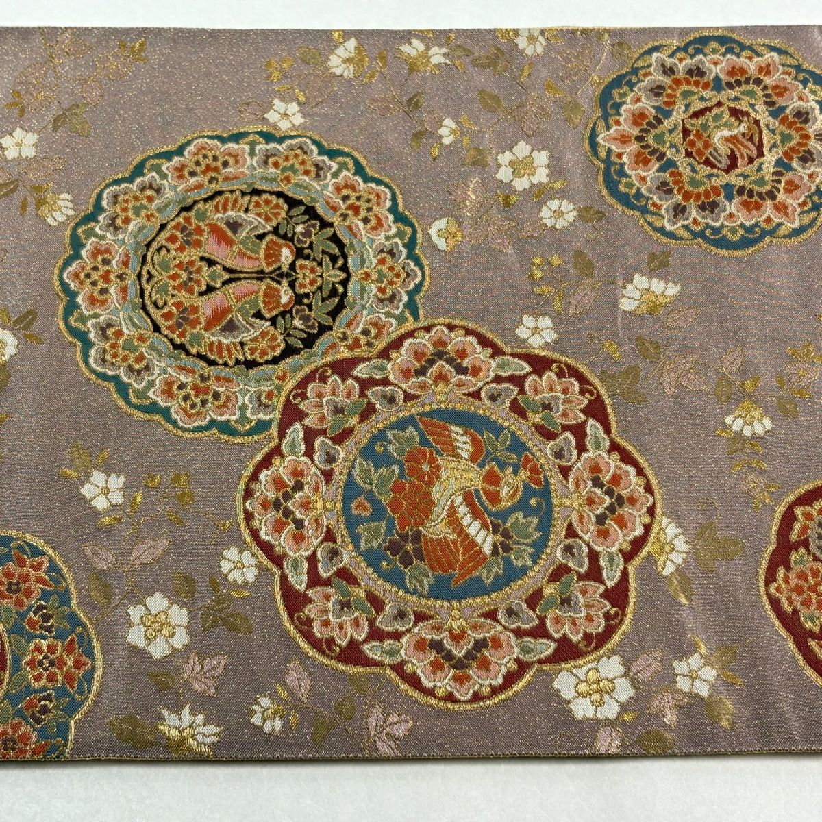 【美品】 袋帶 秀品級 落款あり 瑞金華紋 金糸 金金箔 灰紫 六通 純蠶絲