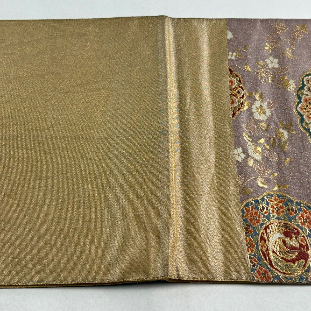 【美品】 袋帶 秀品級 落款あり 瑞金華紋 金糸 金金箔 灰紫 六通 純蠶絲