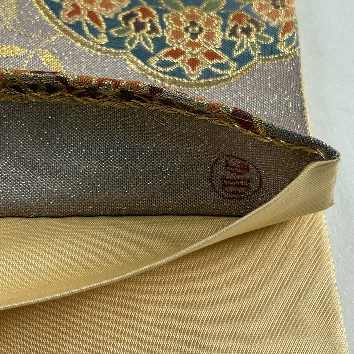 【美品】 袋帶 秀品級 落款あり 瑞金華紋 金糸 金金箔 灰紫 六通 純蠶絲
