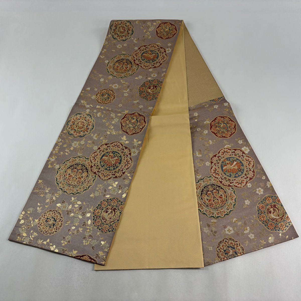 【美品】 袋帶 秀品級 落款あり 瑞金華紋 金糸 金金箔 灰紫 六通 純蠶絲