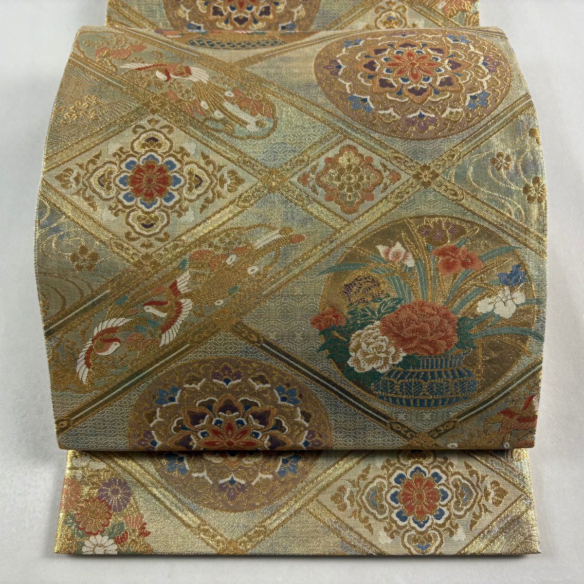 袋帶 秀品級 鳥 華紋 金金箔 金絲 金色 六通 純蠶絲