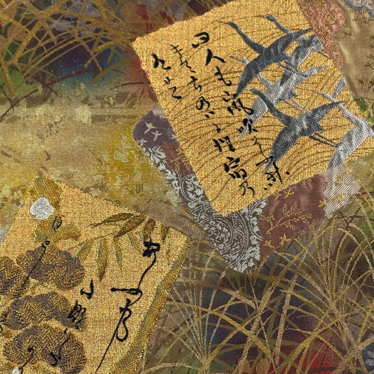 【美品】 袋帶 秀品級 琳派金綴 かるた 秋草 金銀彩 金金箔 茶 六通 純蠶絲