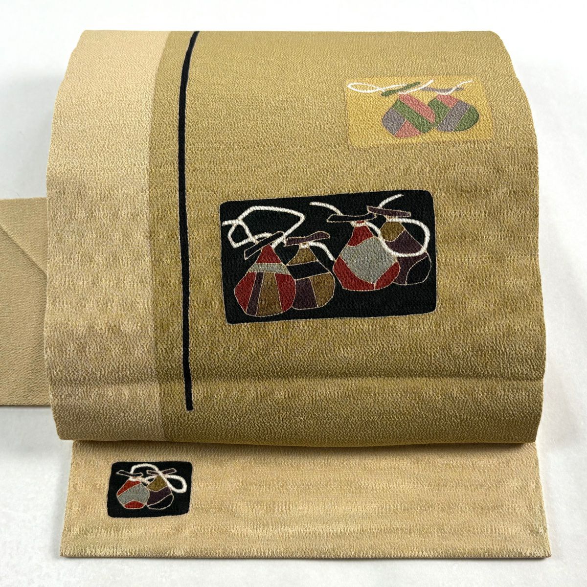 【美品】名古屋帶 優品級 生織 縮緬 米色 純蠶絲