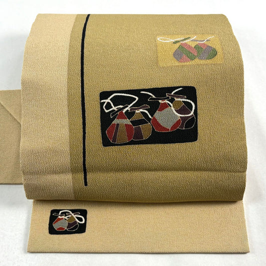 【美品】名古屋帶 優品級 生織 縮緬 米色 純蠶絲