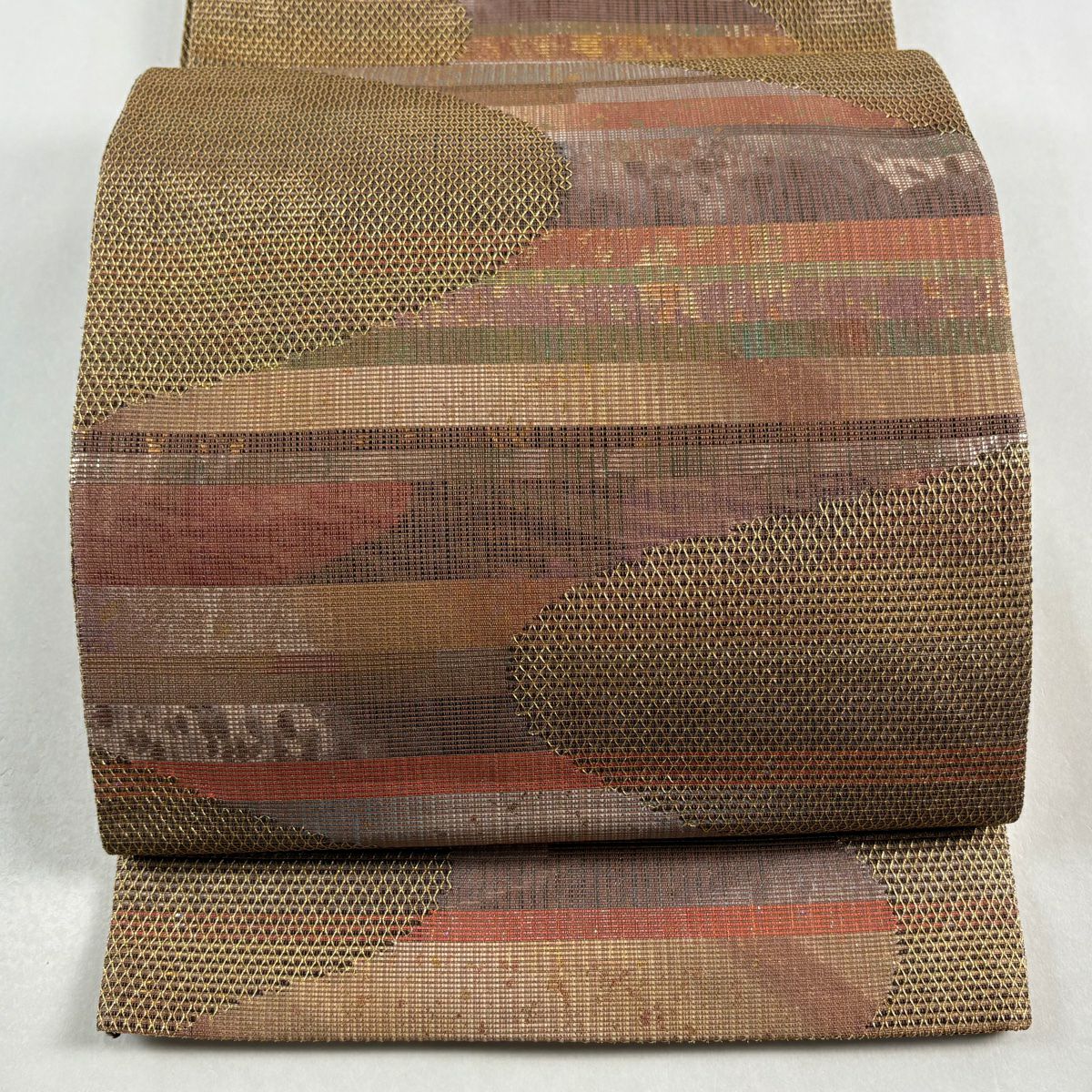 【美品】 袋帶 秀品級 霞 縞 金金箔 金絲 淺茶 六通 純蠶絲