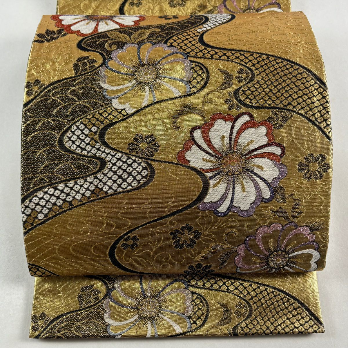 袋帶 秀品級 花 流水 金金箔 金絲 金色 六通 純蠶絲