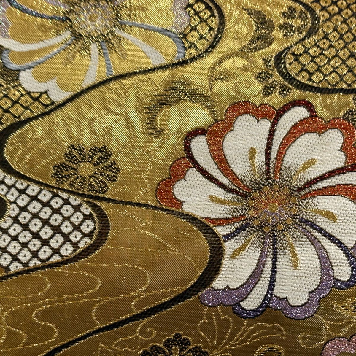 袋帶 秀品級 花 流水 金金箔 金絲 金色 六通 純蠶絲