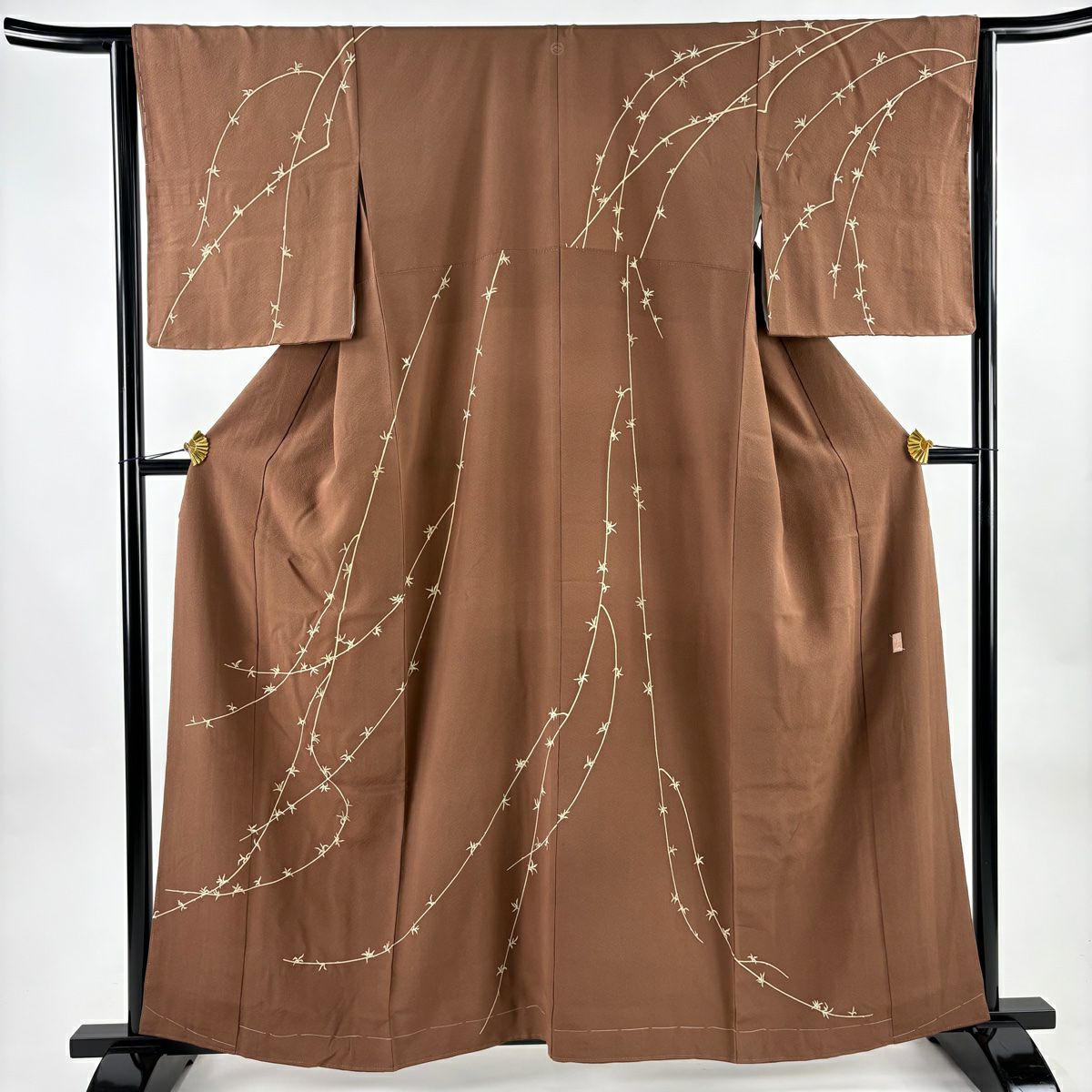 訪問服 身長161.5cm 袖長63cm S 雙層 由水煌人 落款あり 葉柄 茶 純蠶絲 逸品級 一つ紋