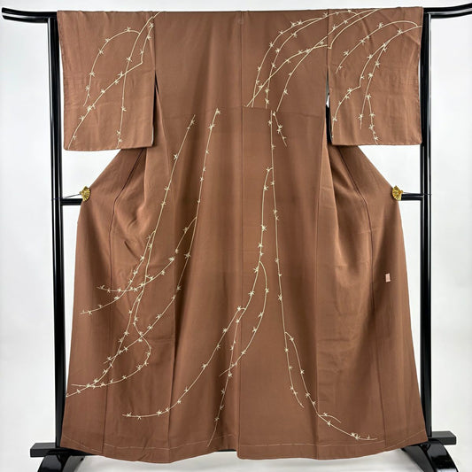 訪問服 身長161.5cm 袖長63cm S 雙層 由水煌人 落款あり 葉柄 茶 純蠶絲 逸品級 一つ紋