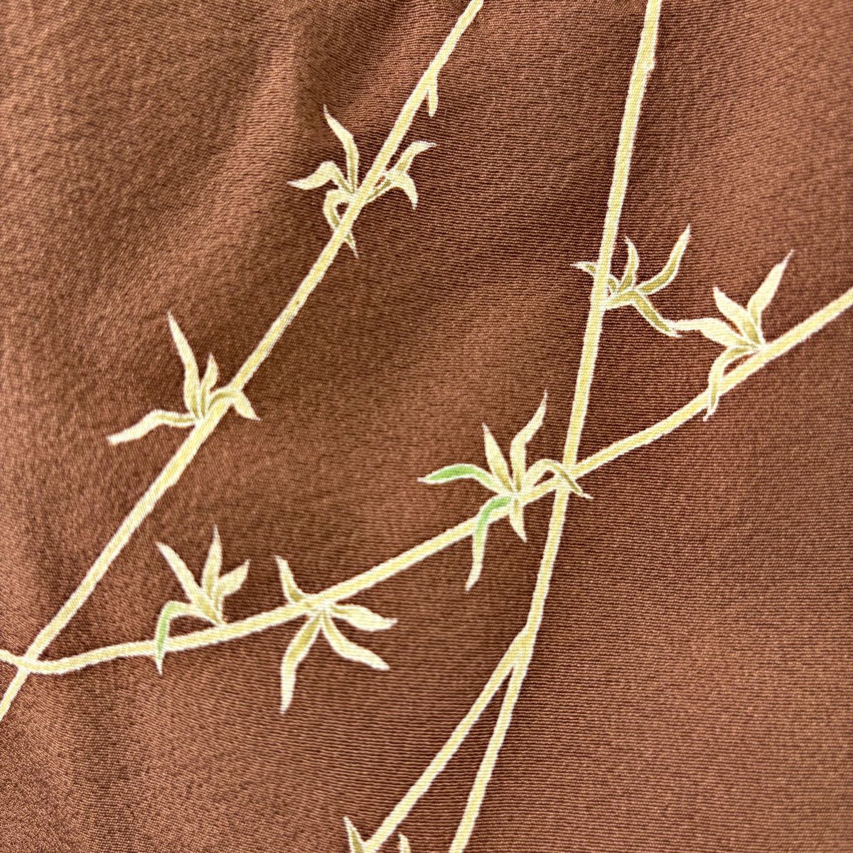 訪問服 身長161.5cm 袖長63cm S 雙層 由水煌人 落款あり 葉柄 茶 純蠶絲 逸品級 一つ紋