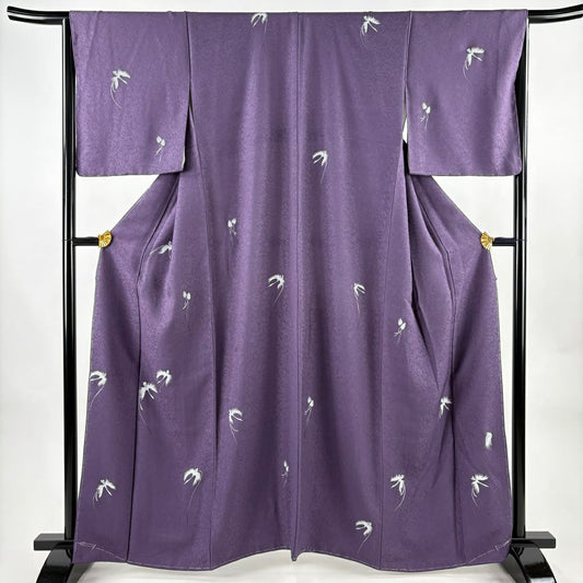 【美品】 小紋 身長163.5cm 袖長64cm M 雙層 鷺草 地紋 紫 純蠶絲 逸品級