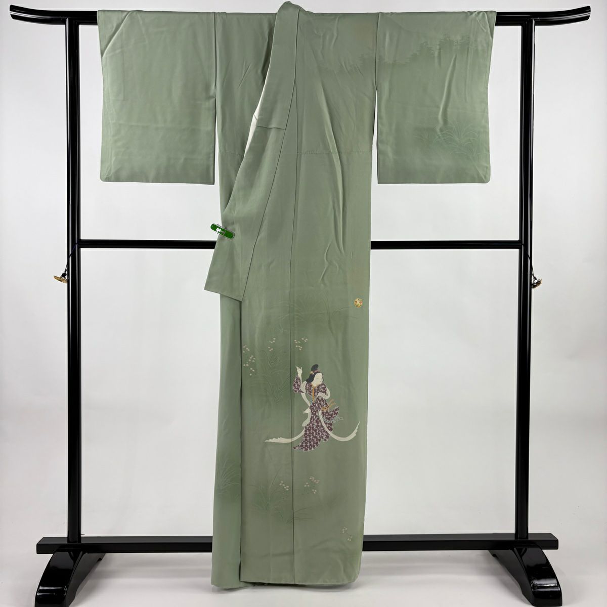 付下 身長162cm 袖長64cm M 雙層 由水十久 落款 人物 草花紋紋 漸層 薄綠 純蠶絲 逸品級 一つ紋