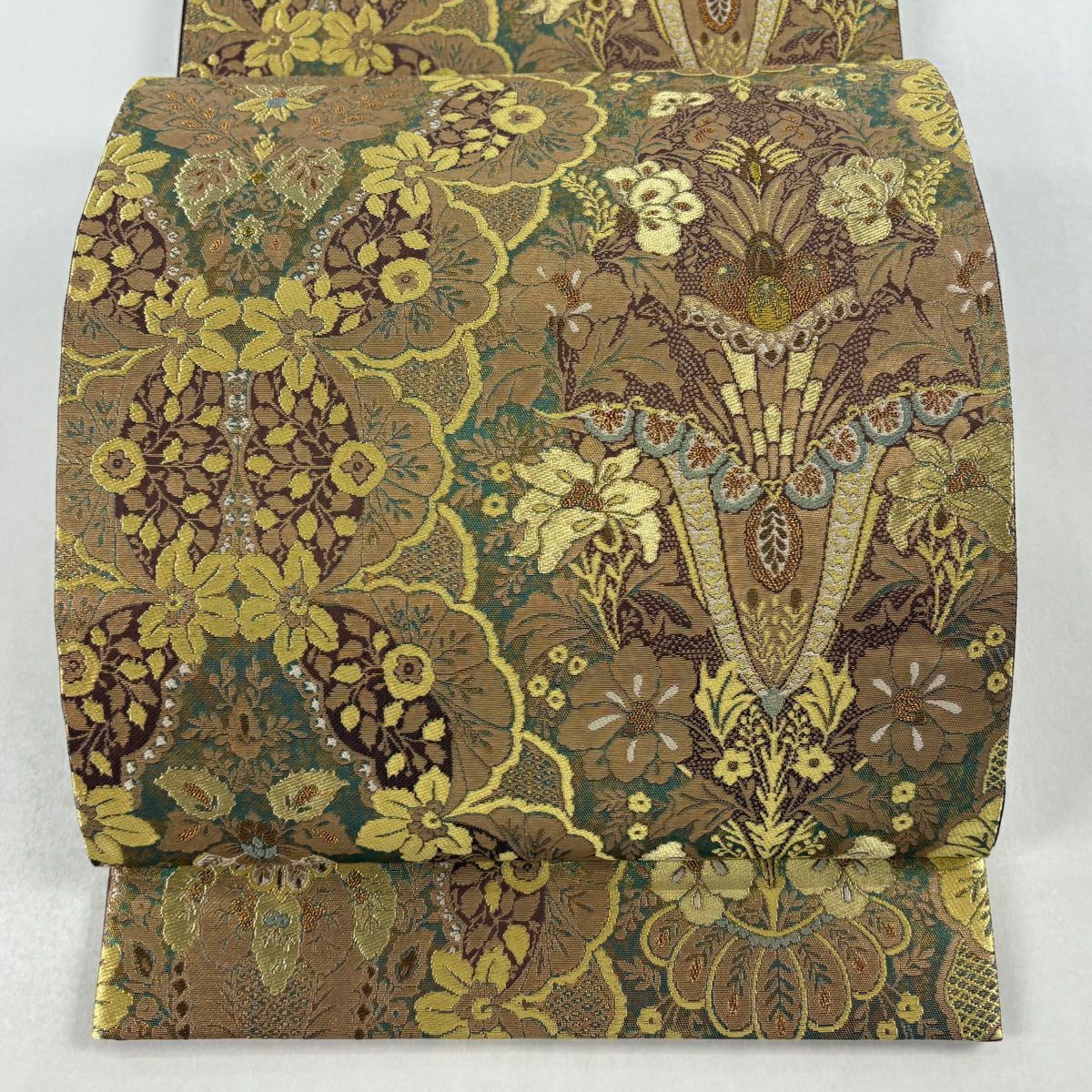 【美品】 袋帶 逸品級 洛陽織物 落款あり 欧風華飾文 金金箔 金糸 茶 六通 純蠶絲