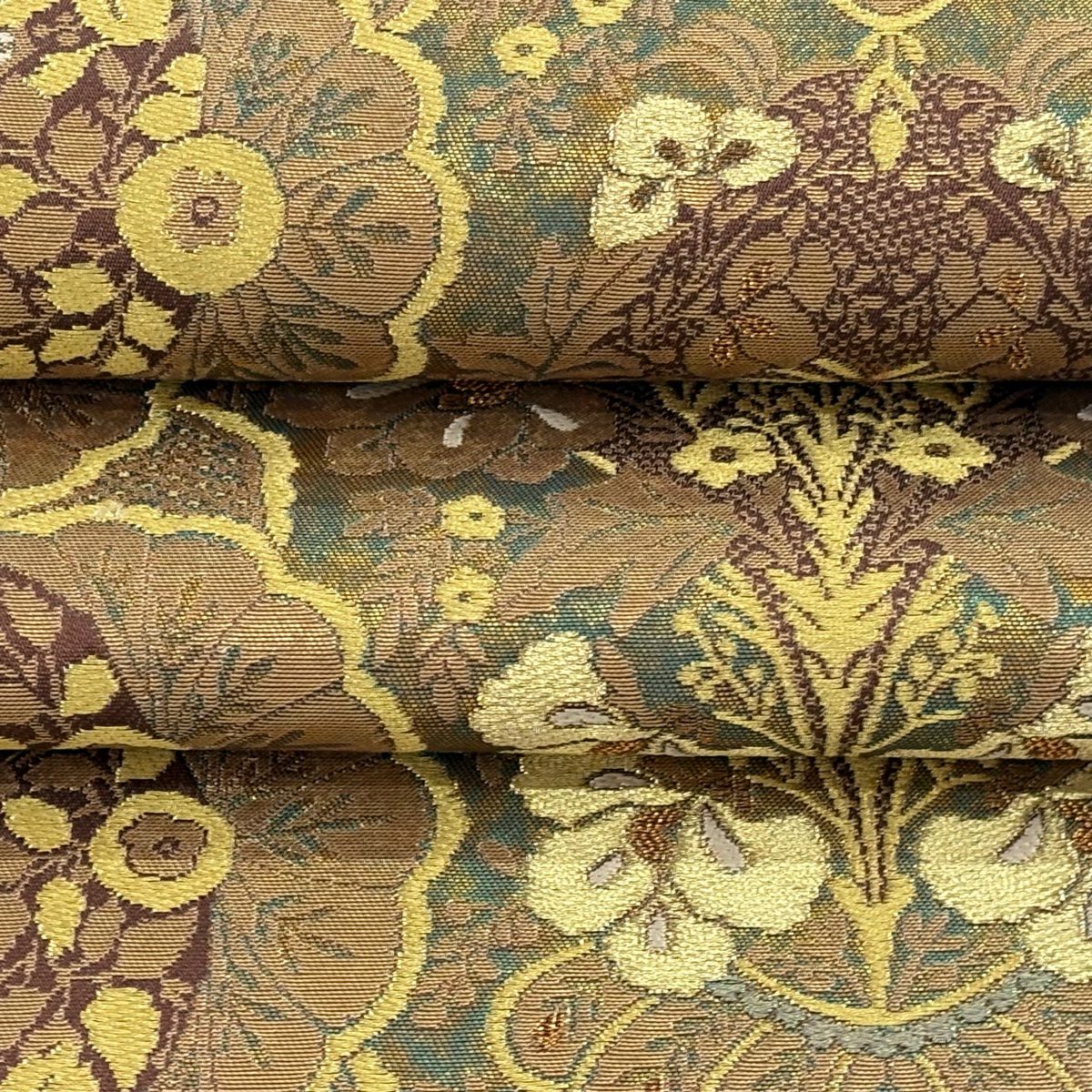 【美品】 袋帶 逸品級 洛陽織物 落款あり 欧風華飾文 金金箔 金糸 茶 六通 純蠶絲