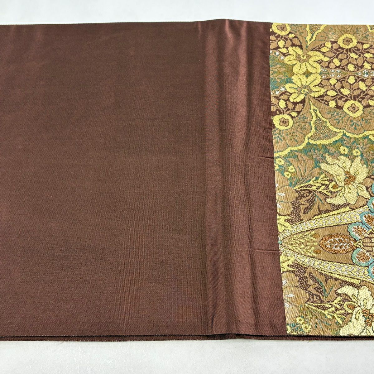 【美品】 袋帶 逸品級 洛陽織物 落款あり 欧風華飾文 金金箔 金糸 茶 六通 純蠶絲
