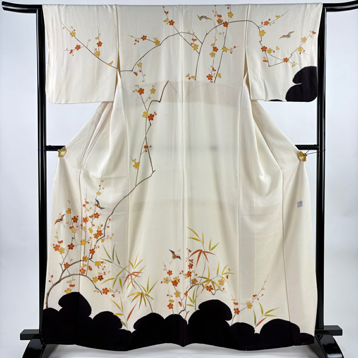 訪問服 身長164cm 袖長64cm M 雙層 千總 有落款 枝梅花 仙鶴 刺繡 金銀彩 奶油色 純蠶絲 逸品級