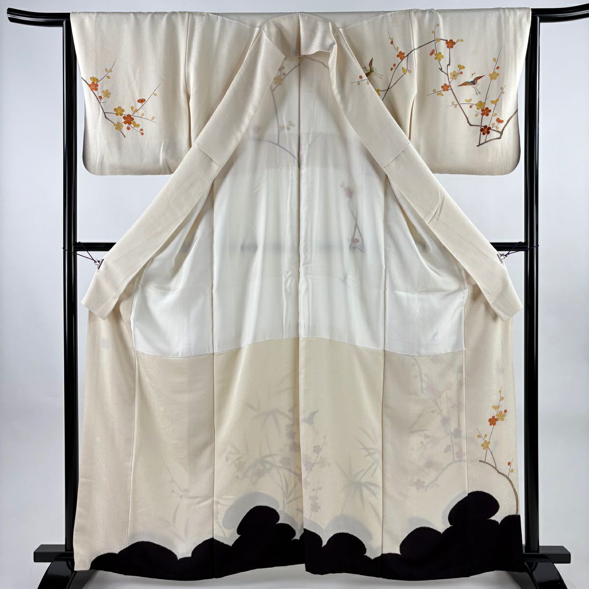 訪問服 身長164cm 袖長64cm M 雙層 千總 有落款 枝梅花 仙鶴 刺繡 金銀彩 奶油色 純蠶絲 逸品級