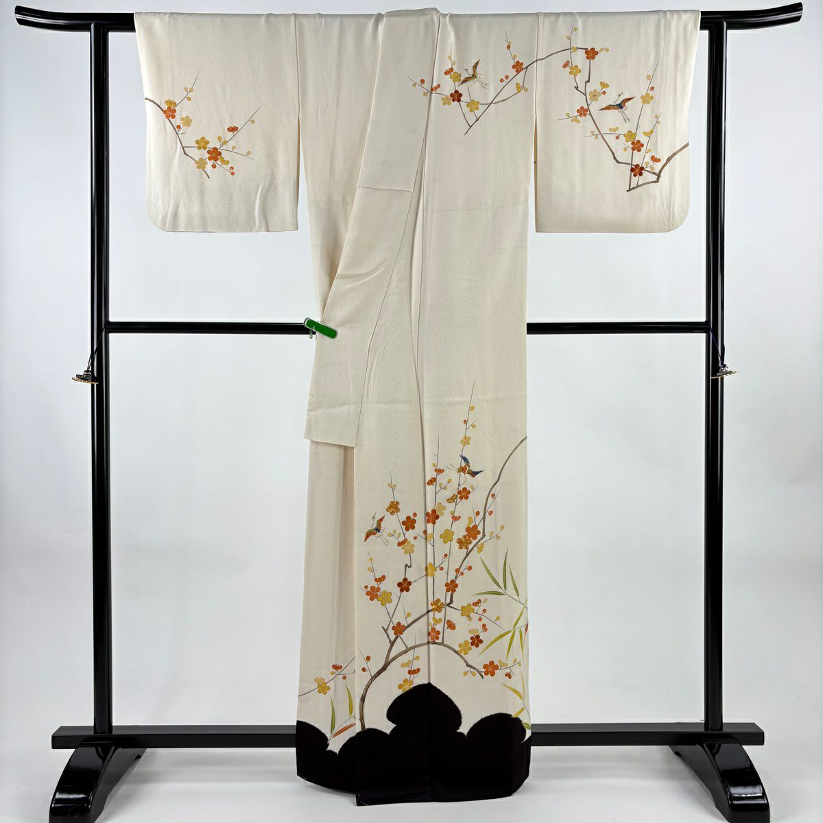 訪問服 身長164cm 袖長64cm M 雙層 千總 有落款 枝梅花 仙鶴 刺繡 金銀彩 奶油色 純蠶絲 逸品級