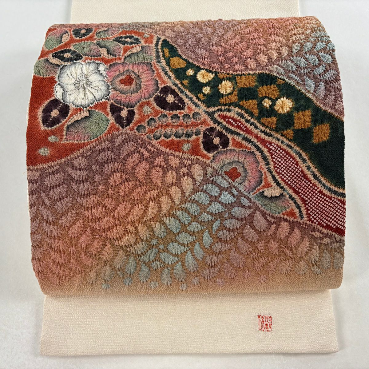 開口名古屋帶 逸品級 附有落款 水野保 辻花染 縮緬 紅茶 純蠶絲