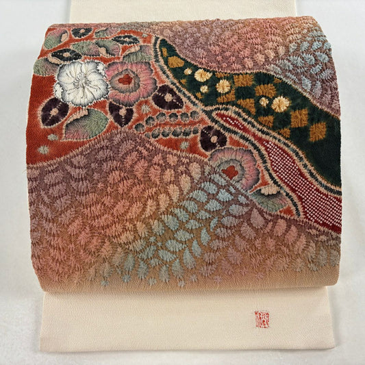 開口名古屋帶 逸品級 附有落款 水野保 辻花染 縮緬 紅茶 純蠶絲