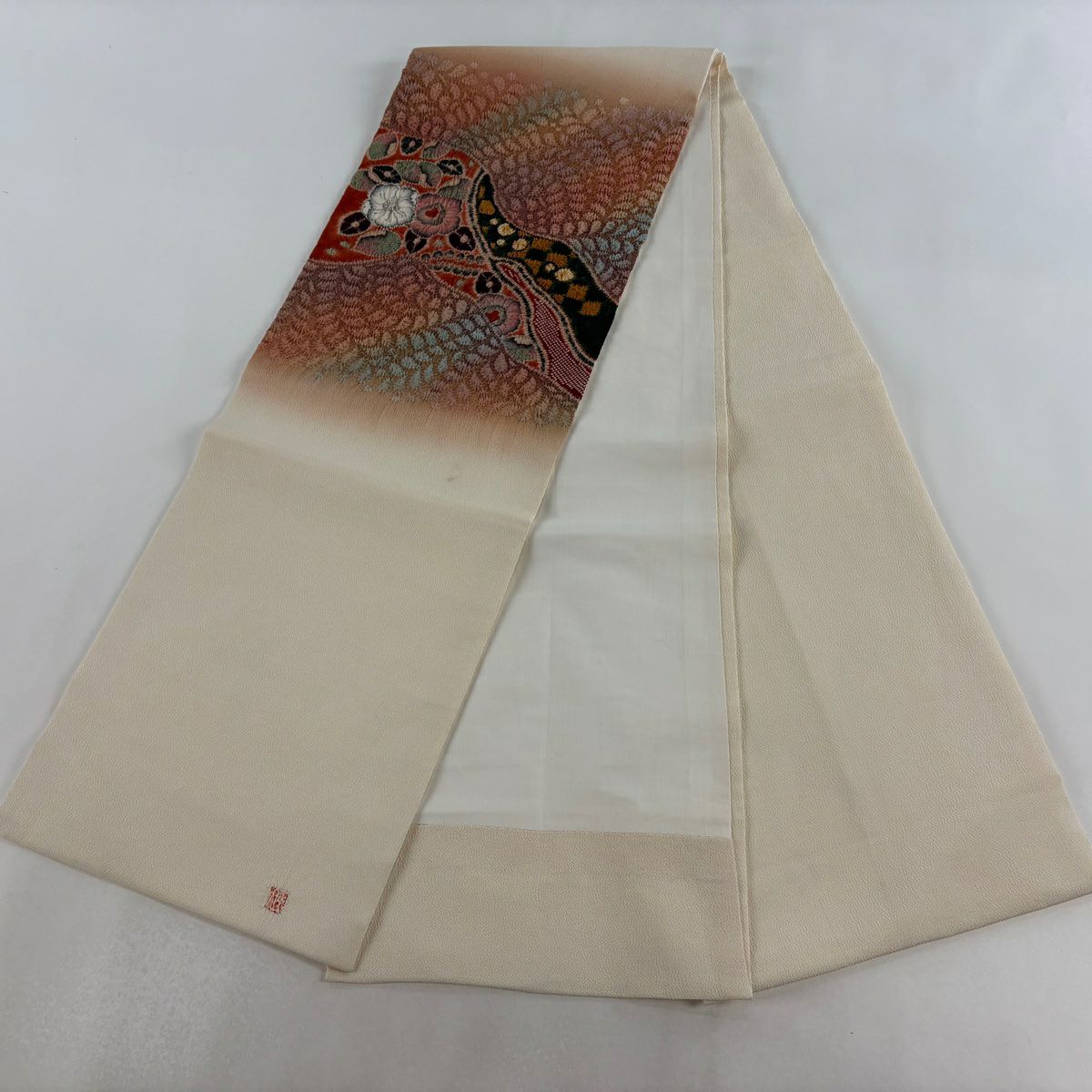 開口名古屋帶 逸品級 附有落款 水野保 辻花染 縮緬 紅茶 純蠶絲