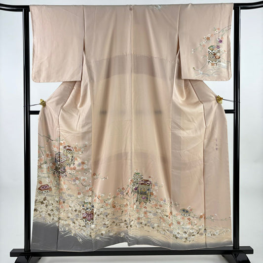 訪問服 身長156.5cm 袖長62cm S 雙層 帝王紫 落款あり 貝桶 櫻花 刺繡 金銀彩 薄粉色 純蠶絲 逸品級 一つ紋