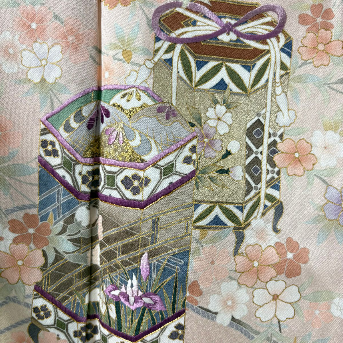 訪問服 身長156.5cm 袖長62cm S 雙層 帝王紫 落款あり 貝桶 櫻花 刺繡 金銀彩 薄粉色 純蠶絲 逸品級 一つ紋