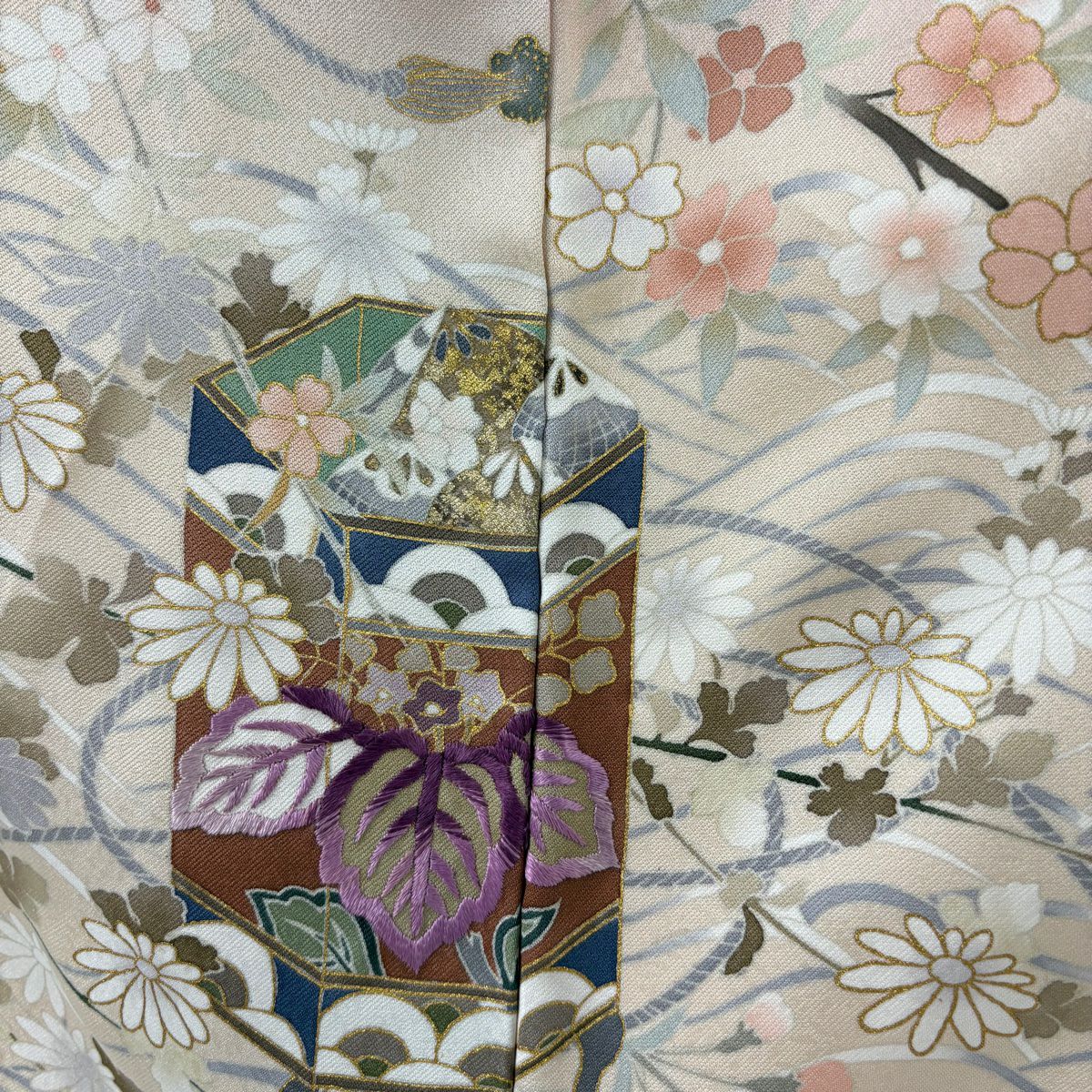 訪問服 身長156.5cm 袖長62cm S 雙層 帝王紫 落款あり 貝桶 櫻花 刺繡 金銀彩 薄粉色 純蠶絲 逸品級 一つ紋