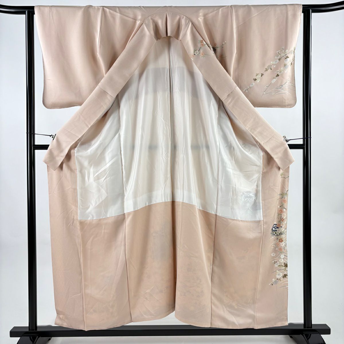 訪問服 身長156.5cm 袖長62cm S 雙層 帝王紫 落款あり 貝桶 櫻花 刺繡 金銀彩 薄粉色 純蠶絲 逸品級 一つ紋
