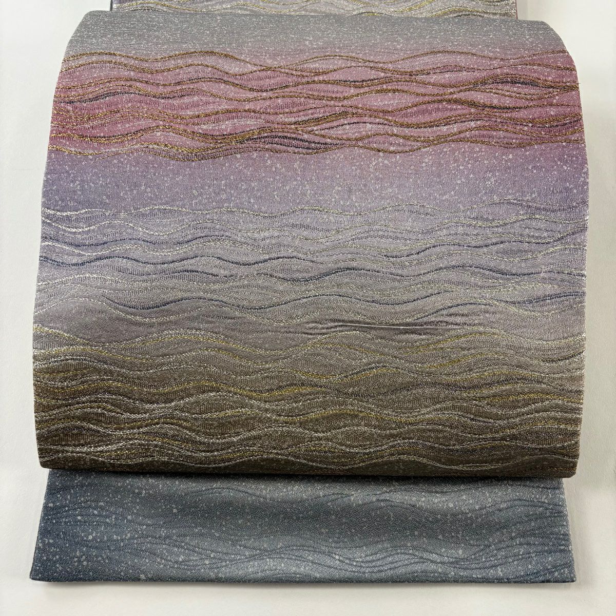 【美品】 袋帶 秀品級 よろけ縞 段縞 金金箔 青灰 六通 純蠶絲