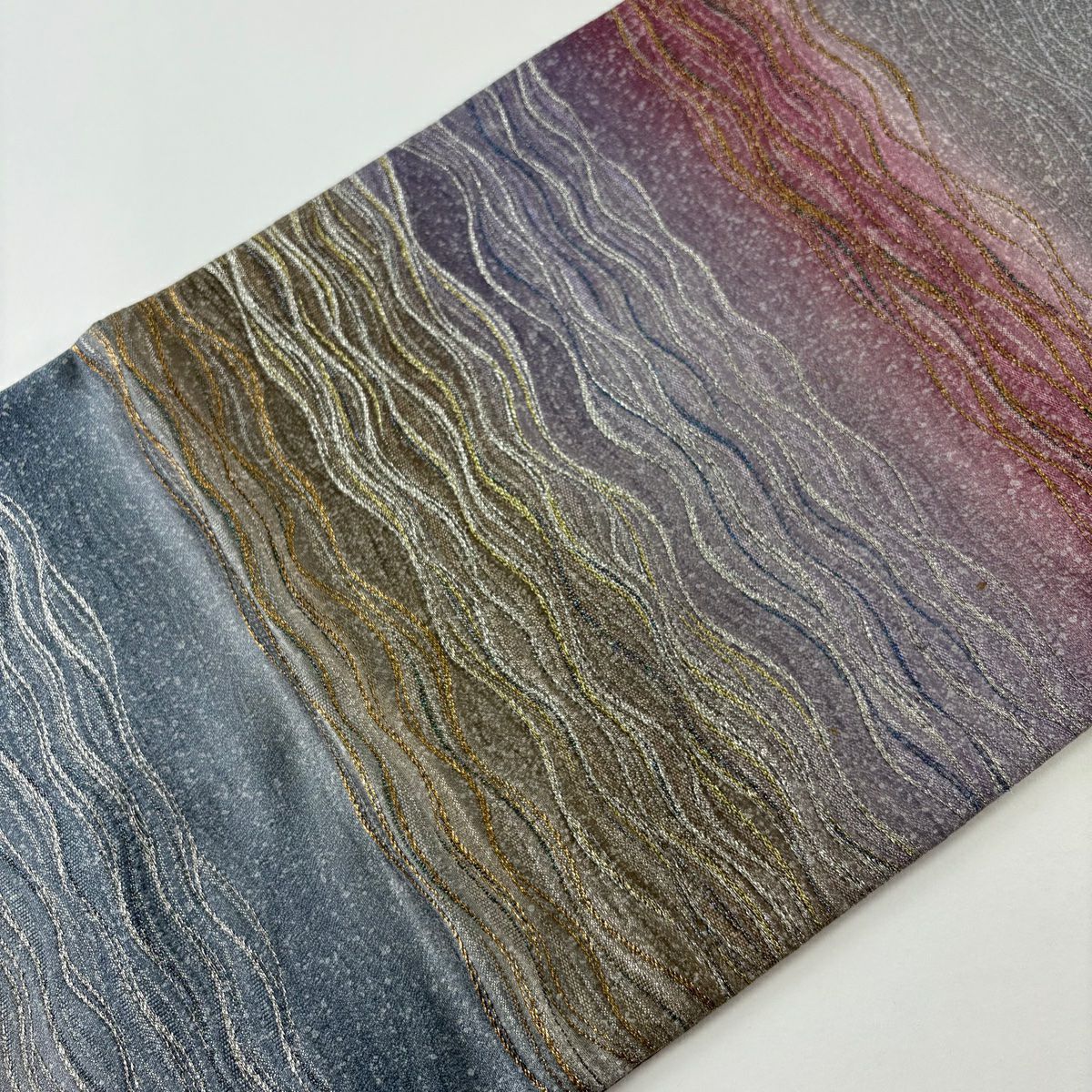 【美品】 袋帶 秀品級 よろけ縞 段縞 金金箔 青灰 六通 純蠶絲