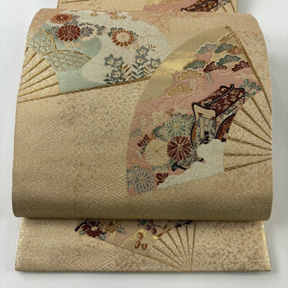 【美品】 袋帶 秀品級 金金箔寶錦 扇子 草花紋 金絲 本金金箔 金色 六通 純蠶絲
