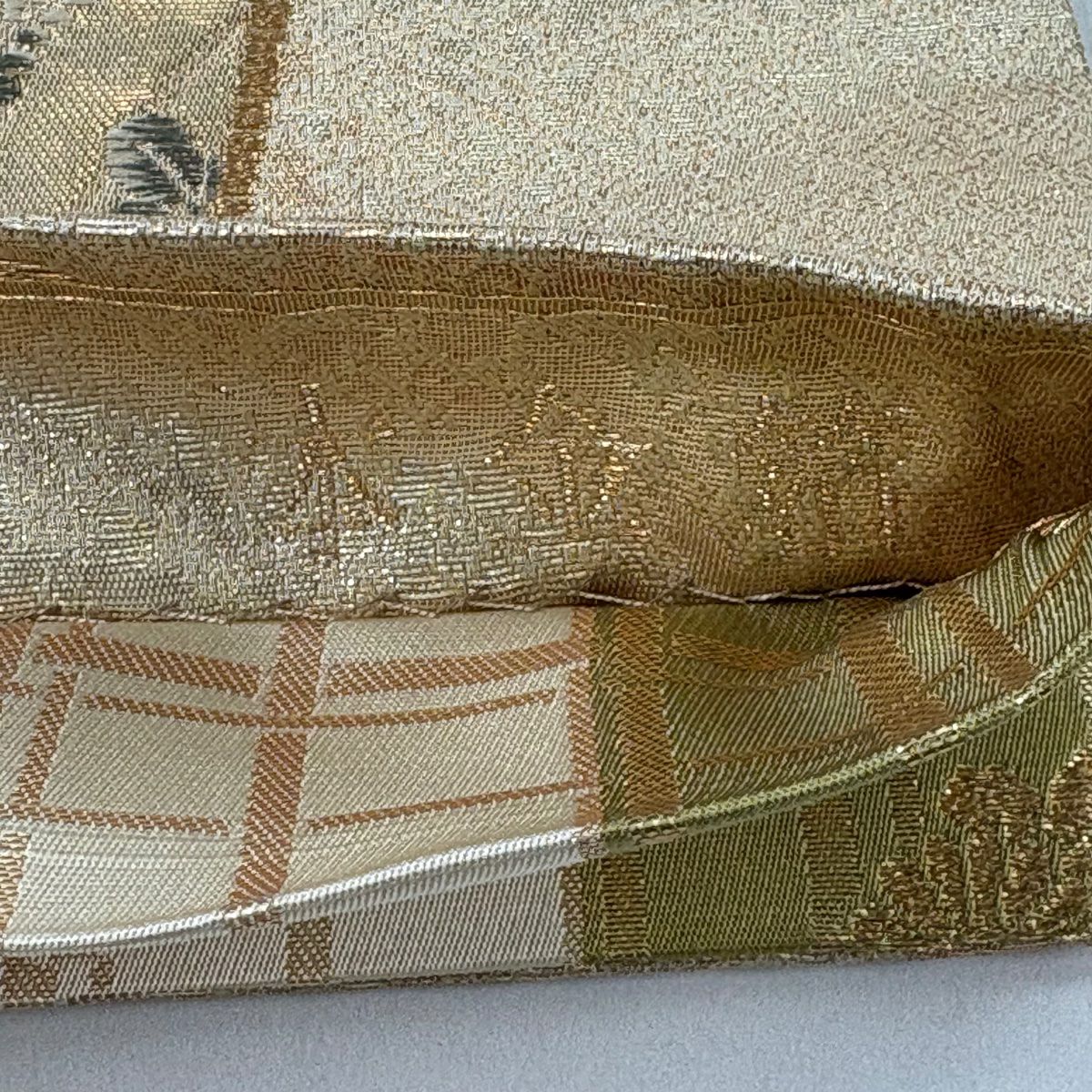 【美品】 袋帶 秀品級 金金箔寶錦 扇子 草花紋 金絲 本金金箔 金色 六通 純蠶絲