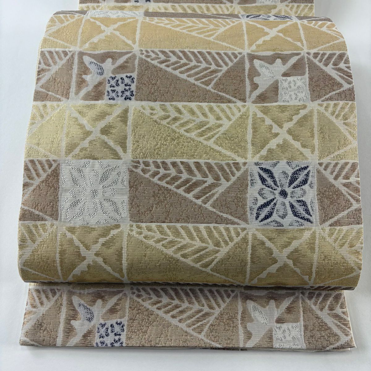 【美品】 袋帶 秀品級 夏帶 格子 草花紋 金絲 金金箔 奶油 六通 純蠶絲
