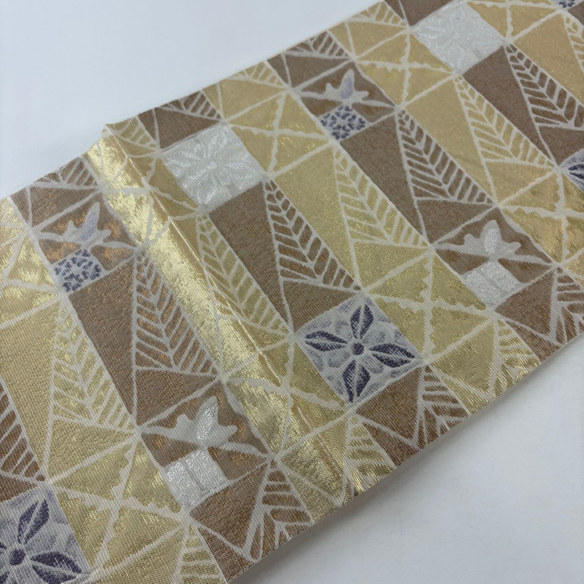 【美品】 袋帶 秀品級 夏帶 格子 草花紋 金絲 金金箔 奶油 六通 純蠶絲