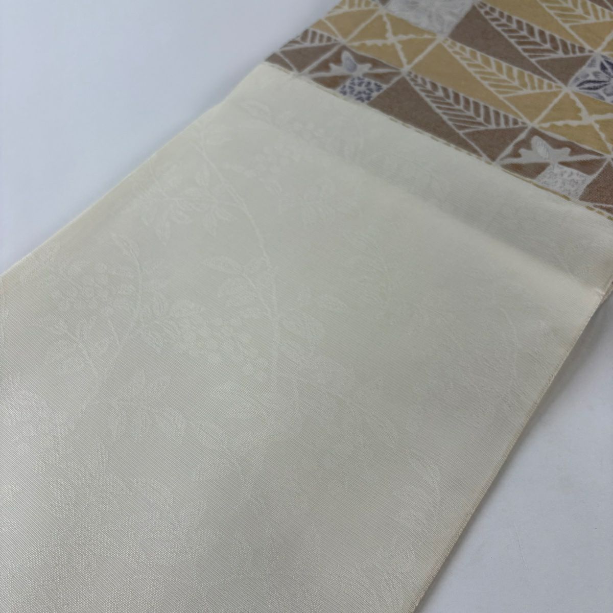 【美品】 袋帶 秀品級 夏帶 格子 草花紋 金絲 金金箔 奶油 六通 純蠶絲