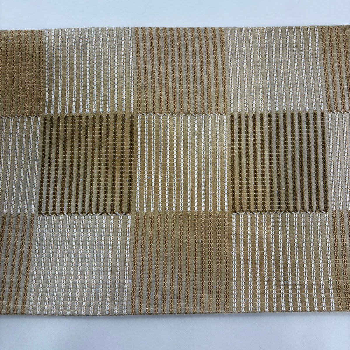 【美品】 袋帶 秀品級 市松樹 縞 金絲 金銀彩 薄茶 六通 純蠶絲