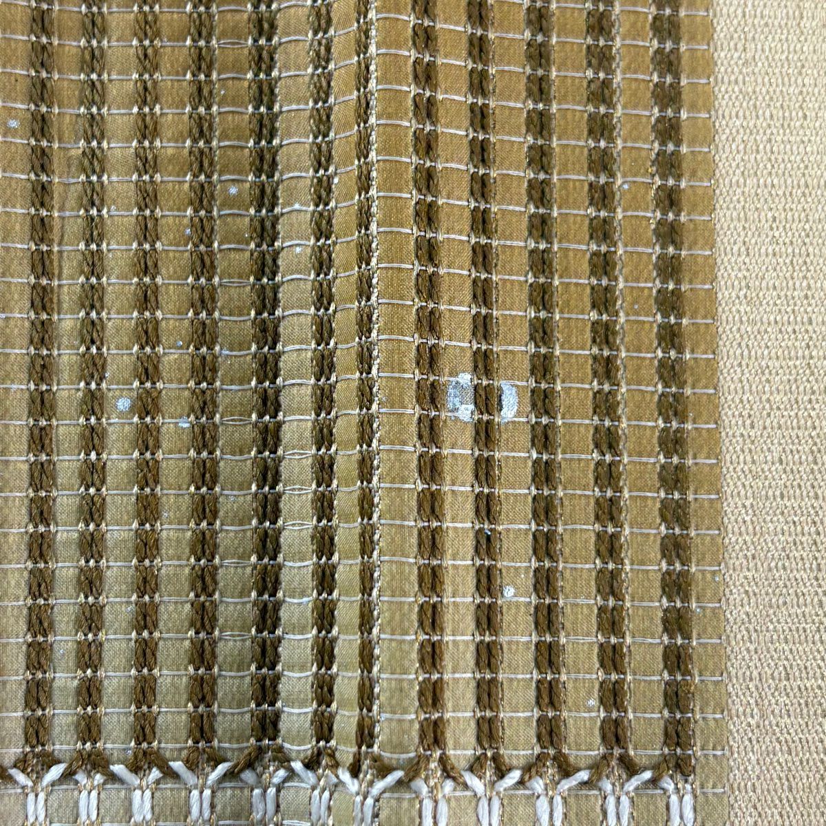 【美品】 袋帶 秀品級 市松樹 縞 金絲 金銀彩 薄茶 六通 純蠶絲