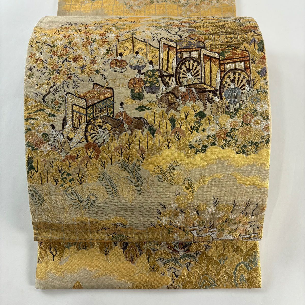 【美品】 袋帶 秀品級 都紀行 別腹 人物 建物 金金箔 金絲 金色 全通 純蠶絲