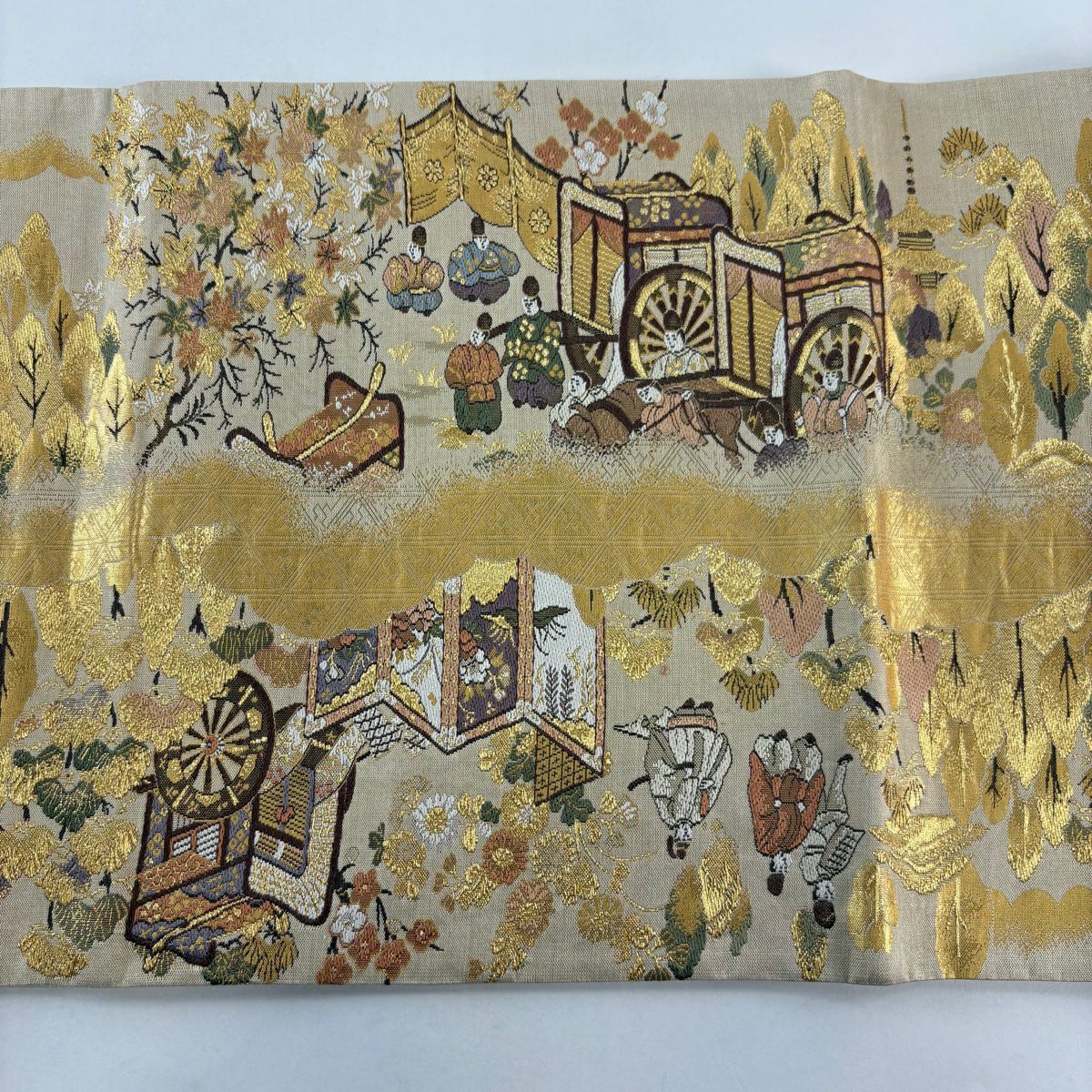 【美品】 袋帶 秀品級 都紀行 別腹 人物 建物 金金箔 金絲 金色 全通 純蠶絲